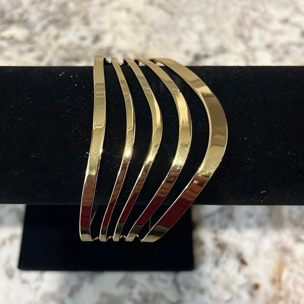 Gold Sculptural Wave Cuff Bangle | Modern Multi-Band Statement Bracelet
